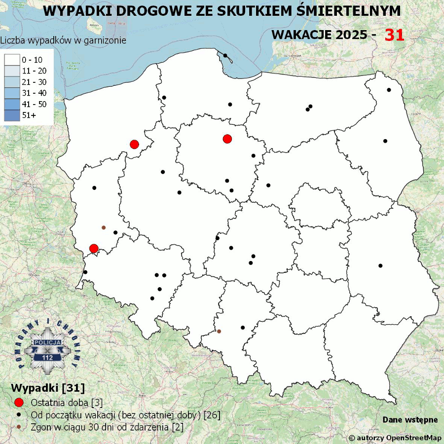 Mapa prezentująca liczbę wypadków poprzedniej doby w Polsce. Prezentowane dane są dostępne w tekście poniżej.
