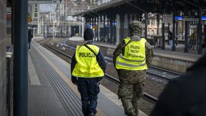 Policjantka i funkcjonariusz WOT idący razem po peronie stacji kolejowej.